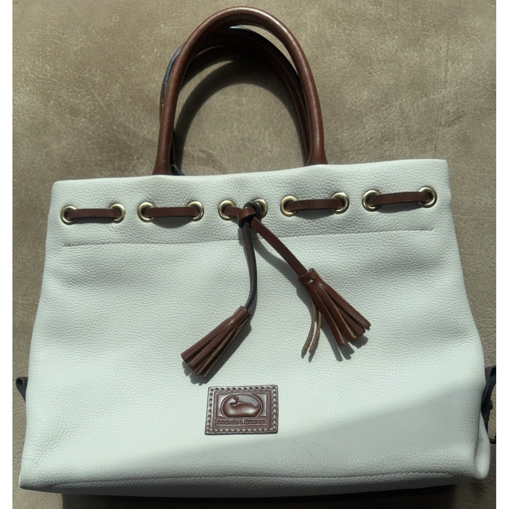 Dooney & Bourke Leather Handbag Cream Pebble Brown Handles Leather Tassels